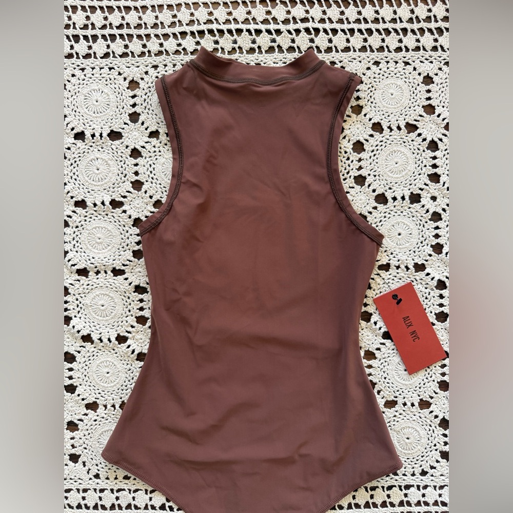 ALIX NYC Cody Silk Jersey Mock Neck Bodysuit Chocolate Brown NWT Size XS - Picture 6 of 14